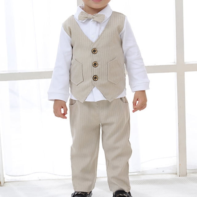 Odeerbi 6M-10Y Niños Algodón Rayas Caballero Traje Formal Niños Mangas Largas Pajarita Vestido Camisa Traje Pantalones Chaleco Tres Piezas