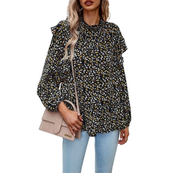 All-Over Ruffle Detail Floral Print Long Sleeve Blouse for Women Black Small