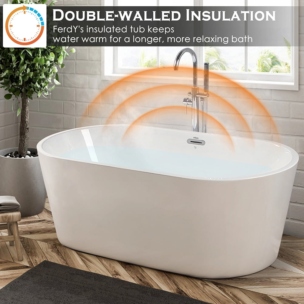 Kepooman 59" Classic Oval Shape Acrylic Soaking Bathtub with Brushed Nickel Drain & Overflow Hole Kepooman 59" Classic Oval Shape Acrylic Soaking Bathtub with Brushed Nickel Drain & Overflow Hole