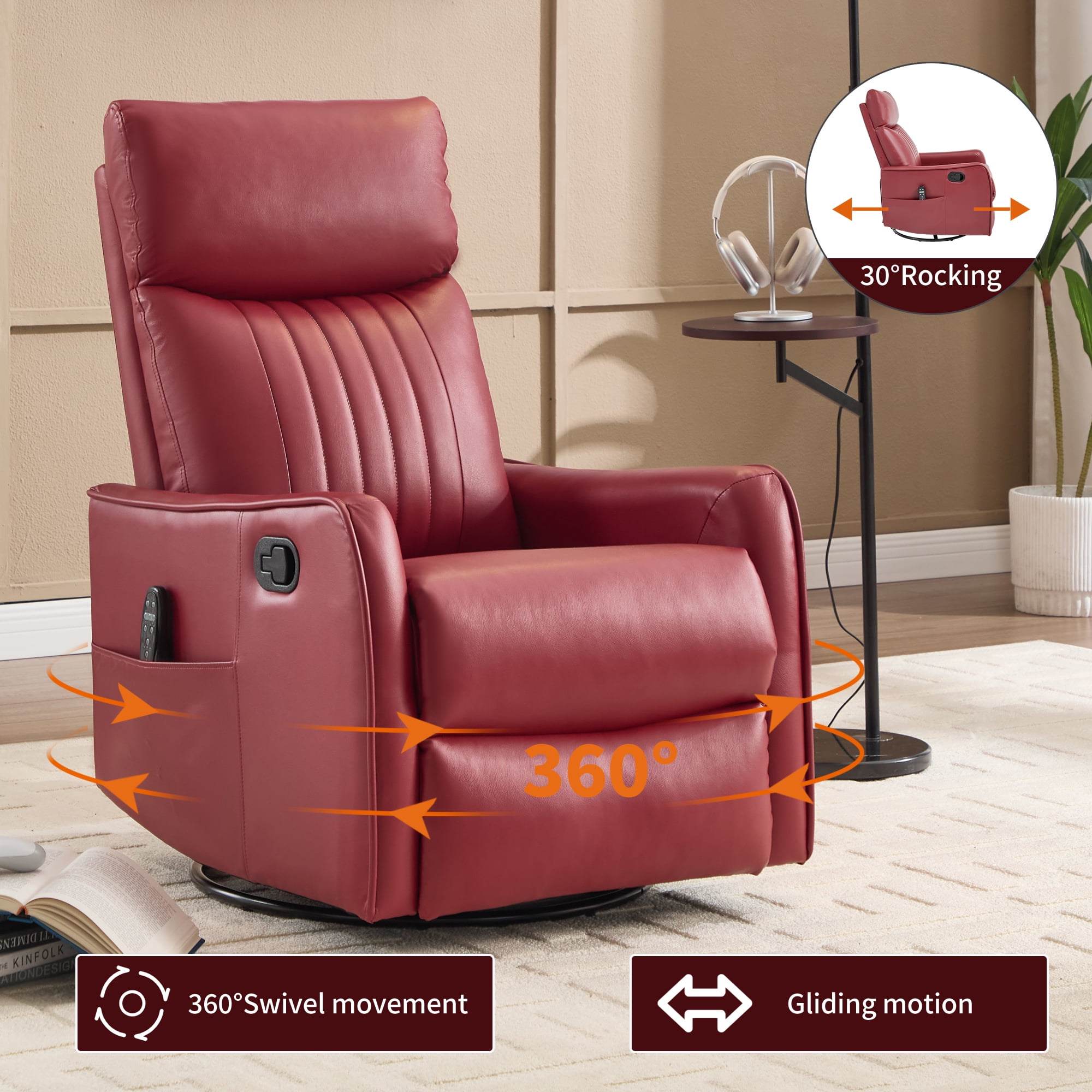 Manual Swivel Rocker Recliner Chair for Adults,Overstuffed Reclining Glider Chair with Vibration Massage & Heat,Upholstered Recliners with Side Pockets for Living Room,Red PU