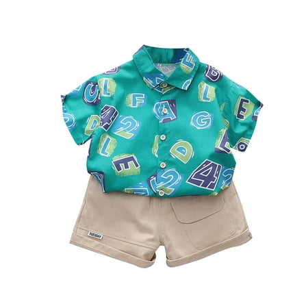 

ZRBYWB Toddler Baby Boy Clothes Shorts Set Alphanumeric Print Shirt Short Sleeve Button Down Top Solid Shorts Summer Outfit Cute Clothes