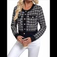 thumbnail image 3 of Blazer de A Cuadros para Mujer, Elegante, Informal, con Botones Al Frente, Cuello Redondo, Larga, Tejido Texturizado Negro L, 3 of 10