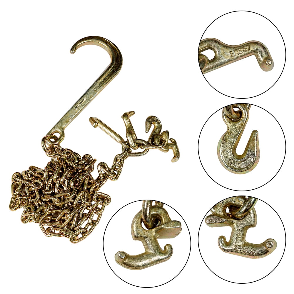 Waltyotur 2 G70 5/16''x10' Transport Tow Chain J Hook Long Shank w/ Grab Hook