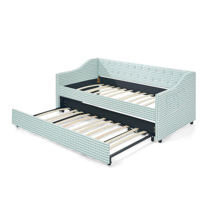 Twin Size Daybed with Pop Up Trundle, Gingham Upholstered Daybed Frame with Tufted Button Backrest and Side Storage Pocket, Modern Sofa Bed for Living Room Bedroom