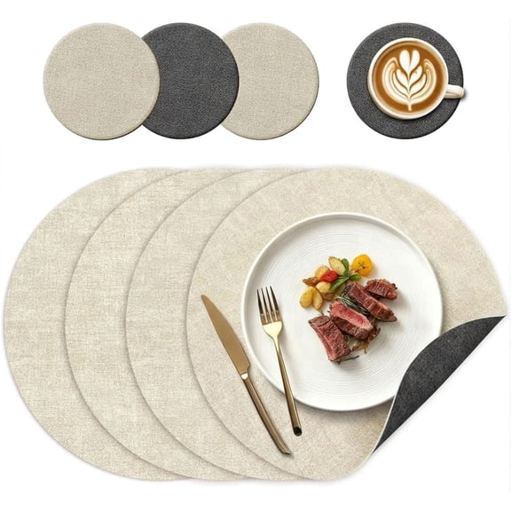 IRuiYinGo 13" Round Placemats Set of 8 Dual-Sided Faux Leather Table Place Mats- 4 Placemat & 4 Coasters Wipeable Vinyl for Kitchen Table Linens, Beige Deep Gray