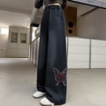 thumbnail image 3 of YunPes Girls Wide Leg Jeans Butterfly Embroidered Aesthetic Denim Pants High Elastic Waist Patchwork Jeans Y2K Cute Preppy Trousers, 3 of 6