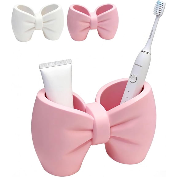 Plastic Bow Toothbrush Holder, 2-in-1 Countertop Pen Organizer, Nonslip Bathroom Accessory for Electric Toothbrush, Space-Saving Desk Decor for Home Office Dorm (Pink)