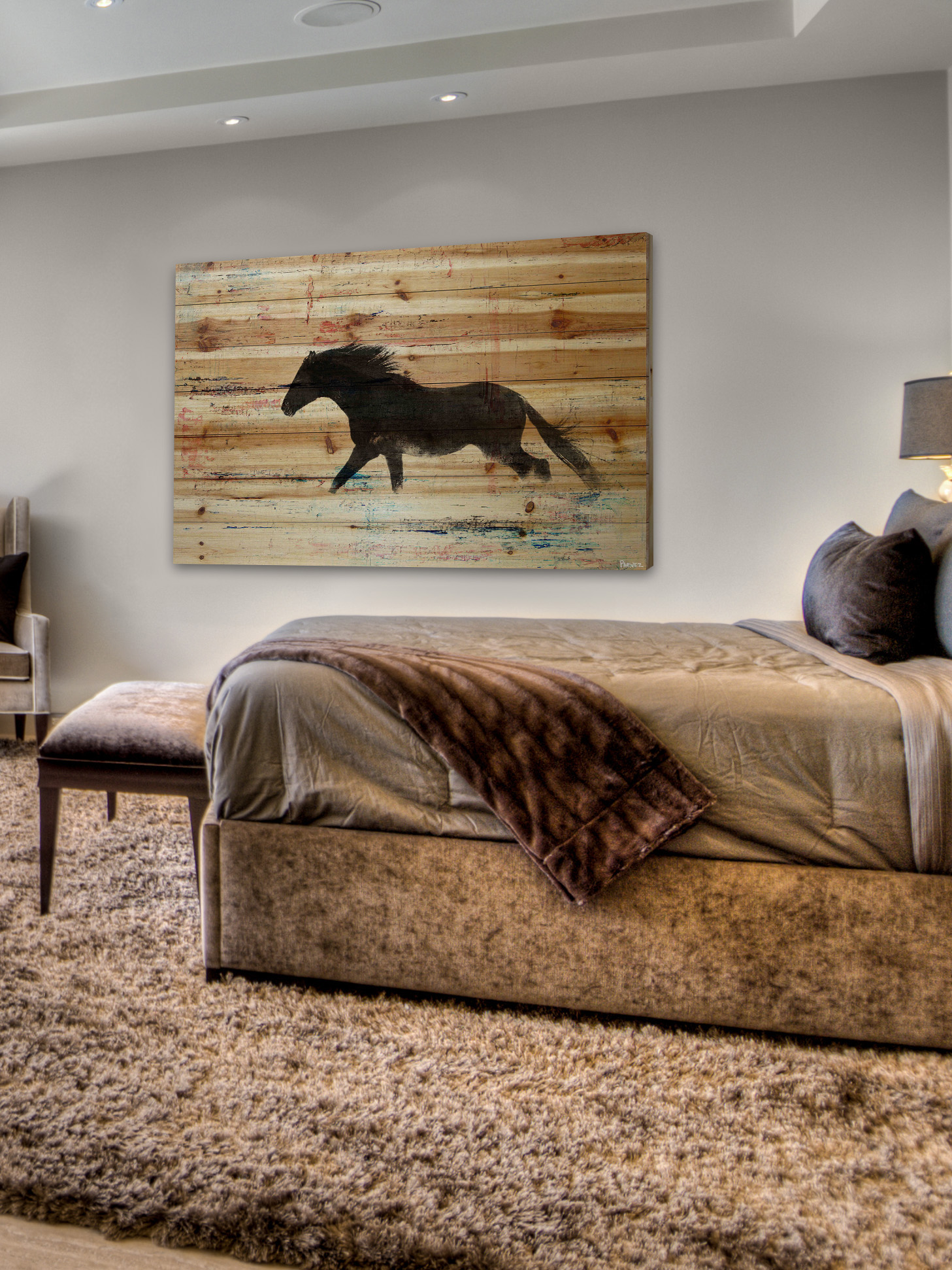 "Black Horse Stride" Painting Print on Natural Pine Wood