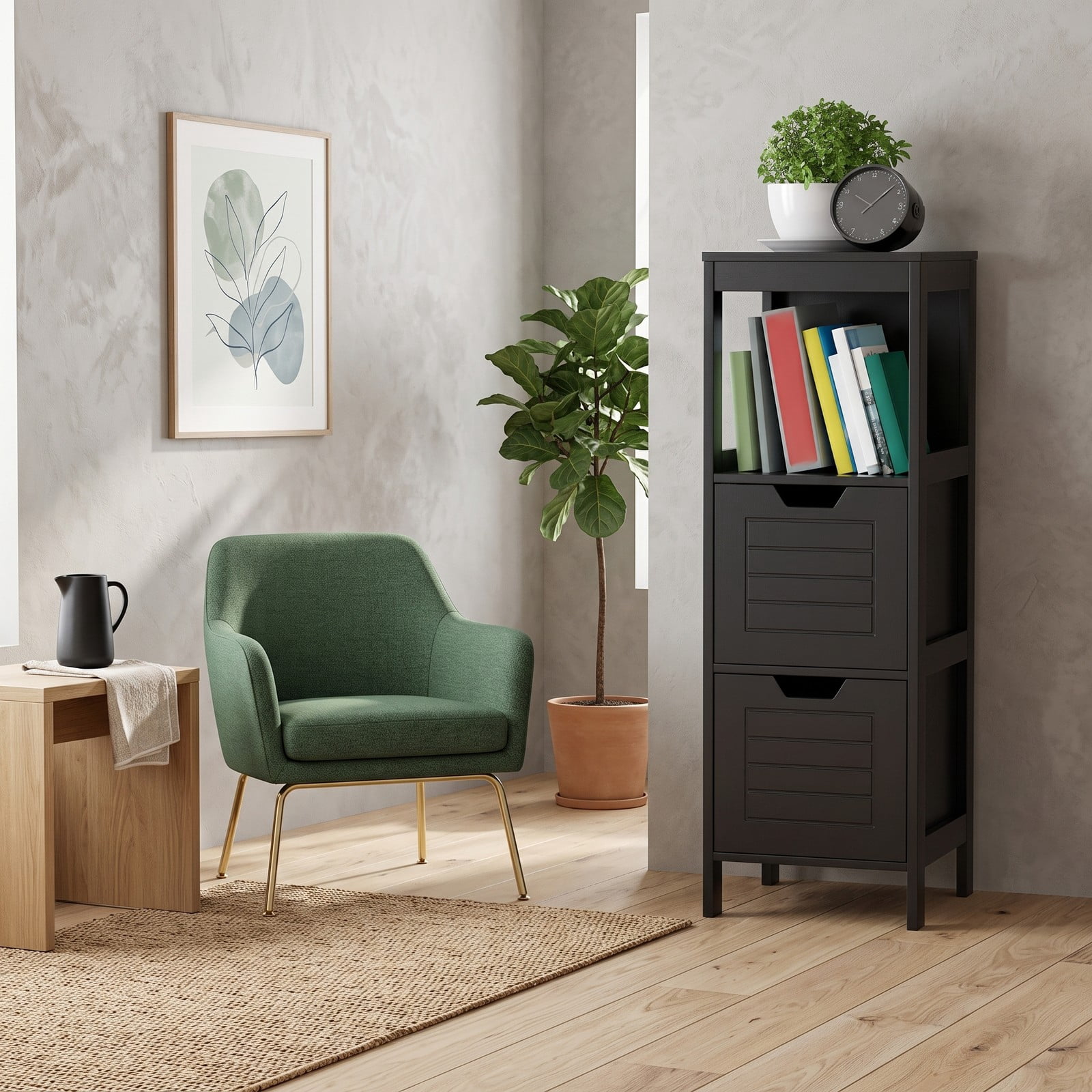 ALPULON Bathroom Wooden Floor Cabinet Multifunction Storage Rack Organizer, Freestanding Storage Stand with 2 Drawers and 3 Open Shelves for Living Room Bedroom, Black