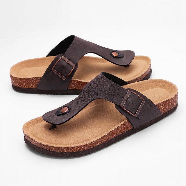 Comwarm 2024 Sandales Plates en Liège pour Femmes Sandales de Plage à Semelle en Liège en Cuir pour Femmes à Bout Ouvert Pantoufles de Plage avec Boucle Ajustable tzw