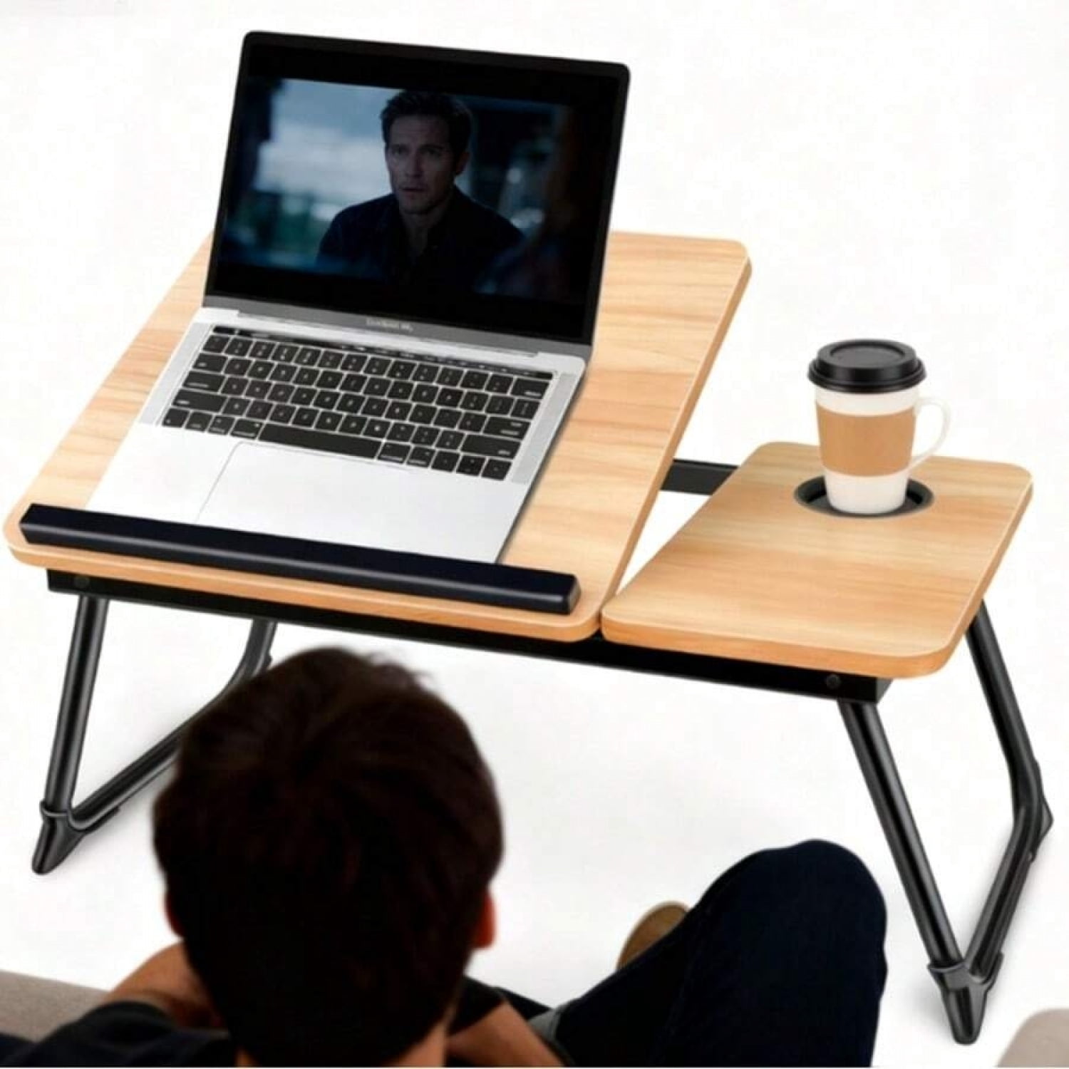 odorsTT Laptop Desk For Bed Or Couch, Folding Bed Tray with Cup Holder, Portable Legs Desk for Working Reading Writing Breakfast, Laptop Stand for Bed - Peach Wood Color