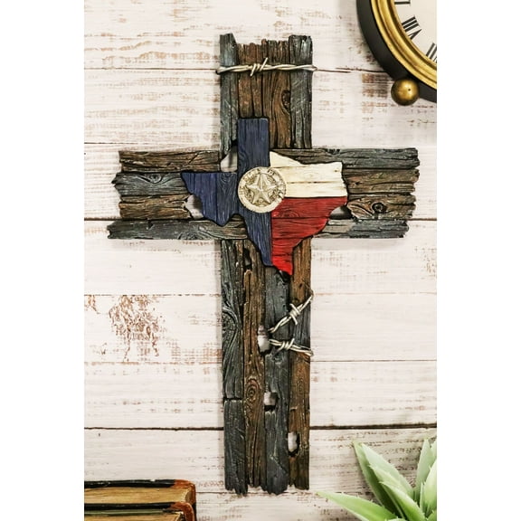Rustic Western Star Texas Flag With Barbed Wires Faux Distressed Wood Wall Cross