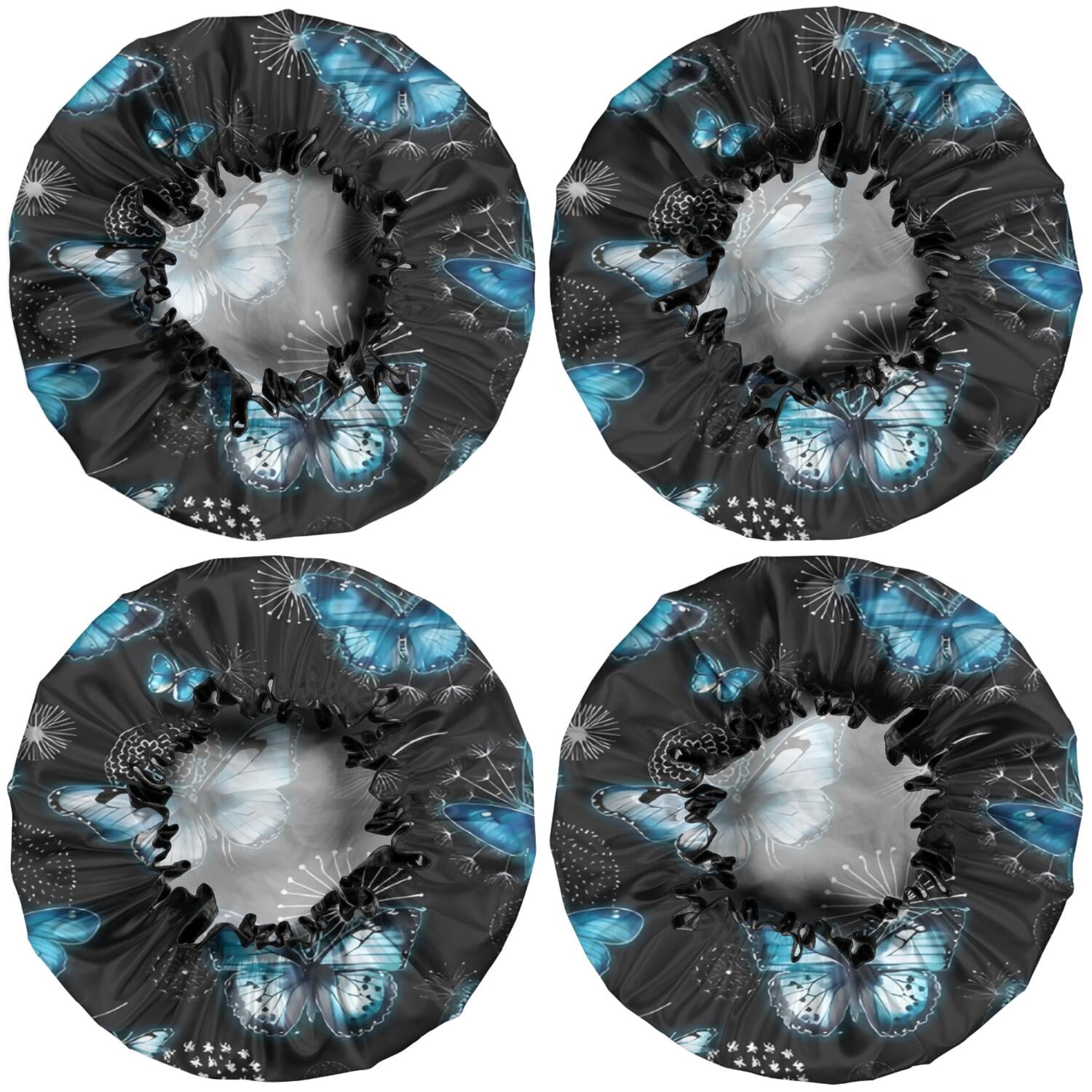 Shower Caps,Black Blue Butterfly Dandelion Pattern Waterproof Shower Cap for Women 4 Pieces,Double Reusable Hair Cover for Shower PEVA Elastic Stretch Hem
