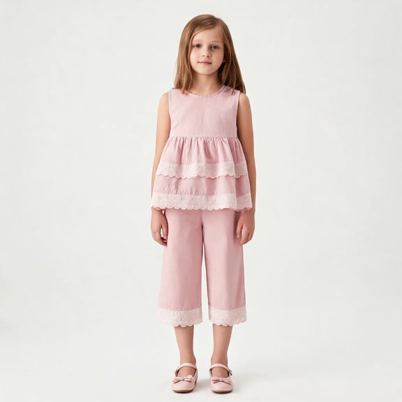 Girls 2-Piece Outfit Eyelet Lace Sleeveless Tunic and Wide Leg Pants Set for Girls