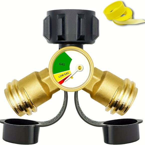 MesaSe Propane Y-Splitter Adapter - Bi-Directional Propane Gas Splitter with Pressure Gauge and Shut-Off Valve for Camping Stoves Barbecues RV Campers and More