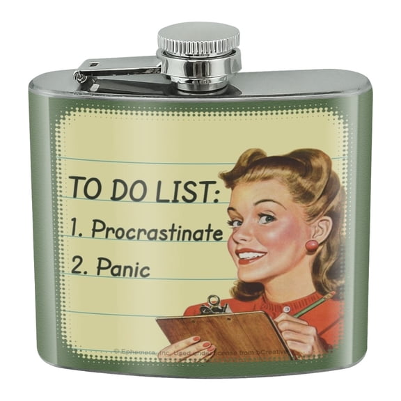 To Do List Procrastinate Panic Funny Humor Stainless Steel 5oz Hip Drink Kidney Flask