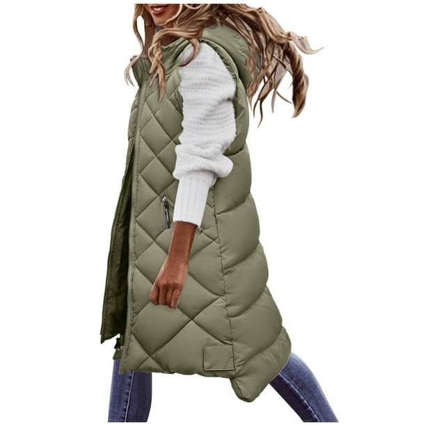 TOWED22 Womens Quilted Puffer Vest Long Sleeveless Hooded Jackets Winter  Warm Coats Outerwear(Green,3XL)