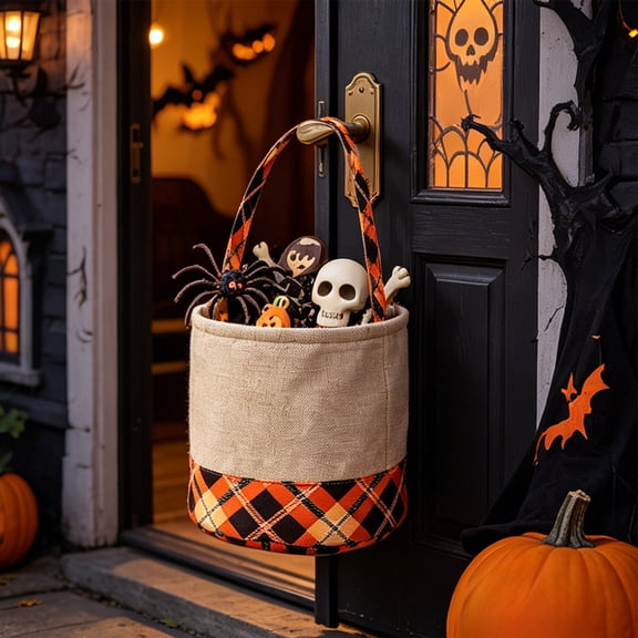 Yakvarog Halloween Canvas Tote Basket 8.8" x 9", Plaid Patchwork Fabric with Handle, Trick or Treat Candy Bags for Gifts, Toys, Party Favor & Home Holiday Decor