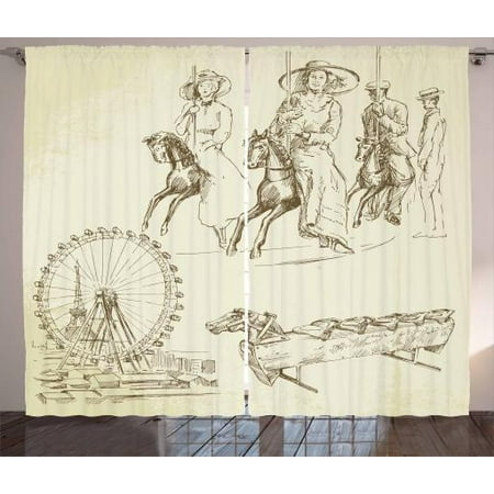 Vintage Woman Curtains 2 Panels Set Vintage Luna Park Themed