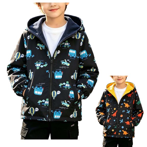 QSXADF Boys and Girls Fleece Hooded Windbreaker Jacket Hooded Windbreaker Jacket Long Sleeve Graphic Full Zip Pocket Outdoor Fall Winter Coat for Children