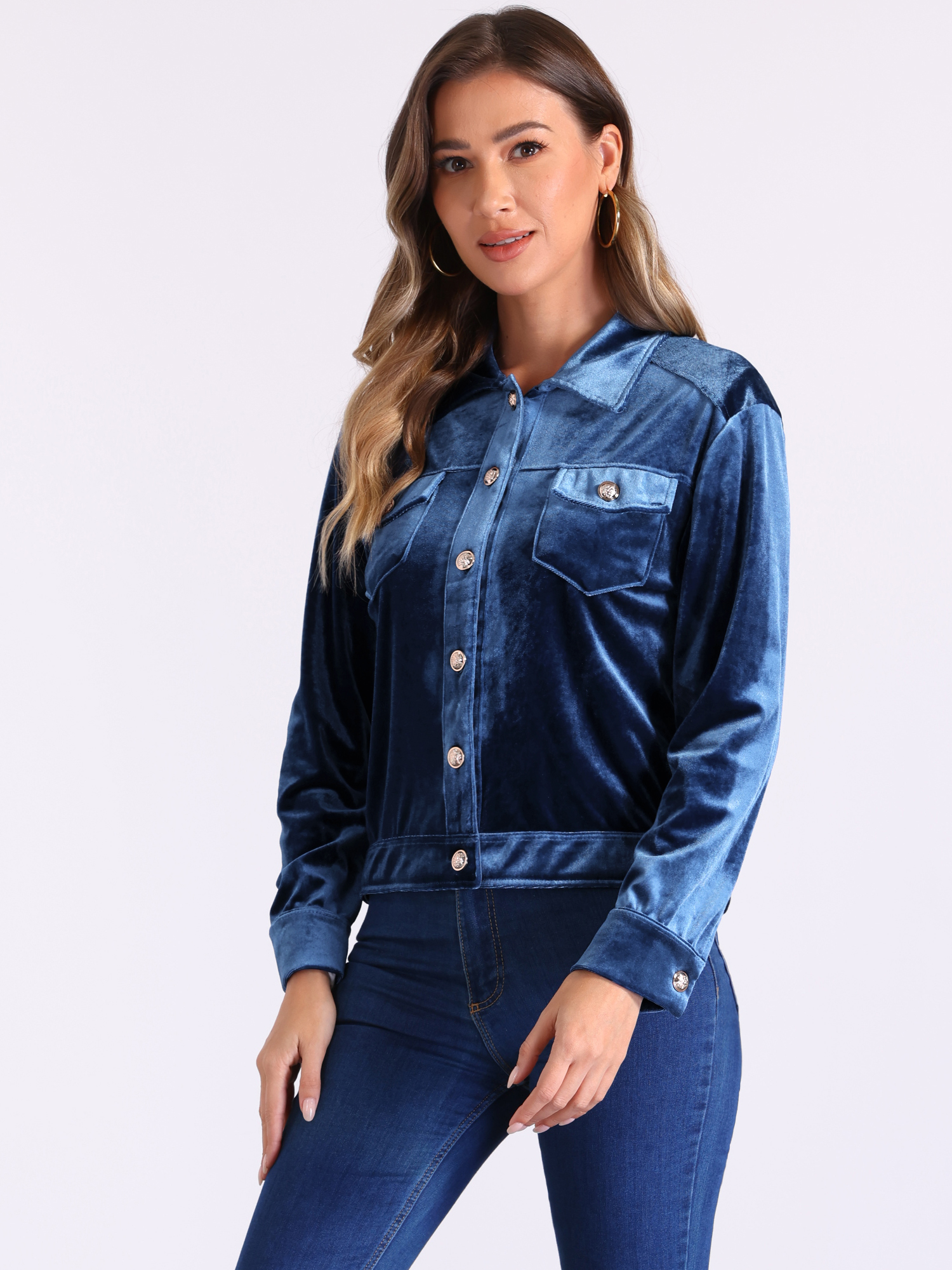 DARING DIVA Stylish Velvet Button-Up Long Sleeve Jacket S Navy Blue