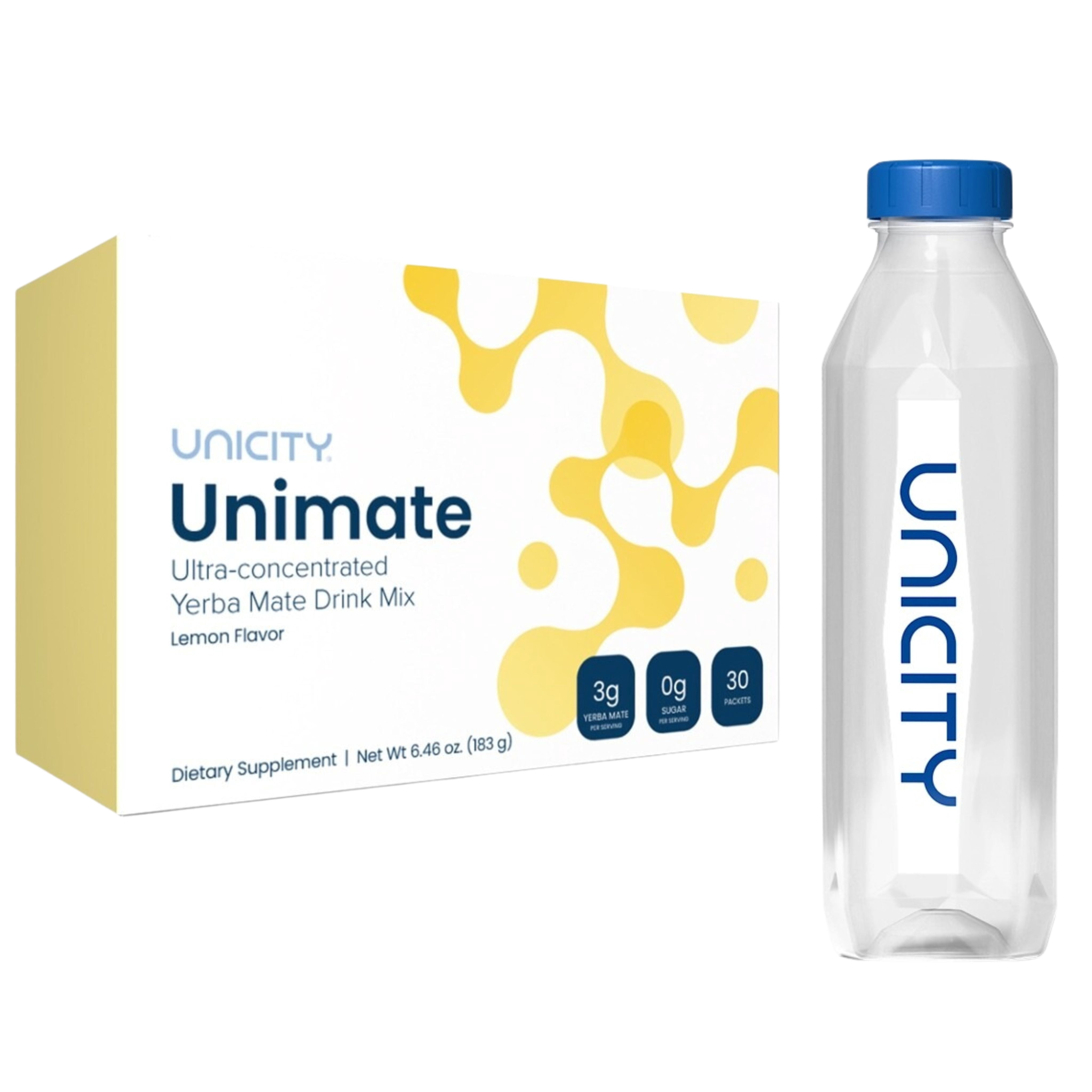 Unicity Unimate Lemon Drink Mix 2 Box Pack with Bottle, 60 Sachets Total, Instant Lemon Beverage Powder, Reusable Mixing Bottle Included, Low Calorie Daily Drink Mix for Men & Women