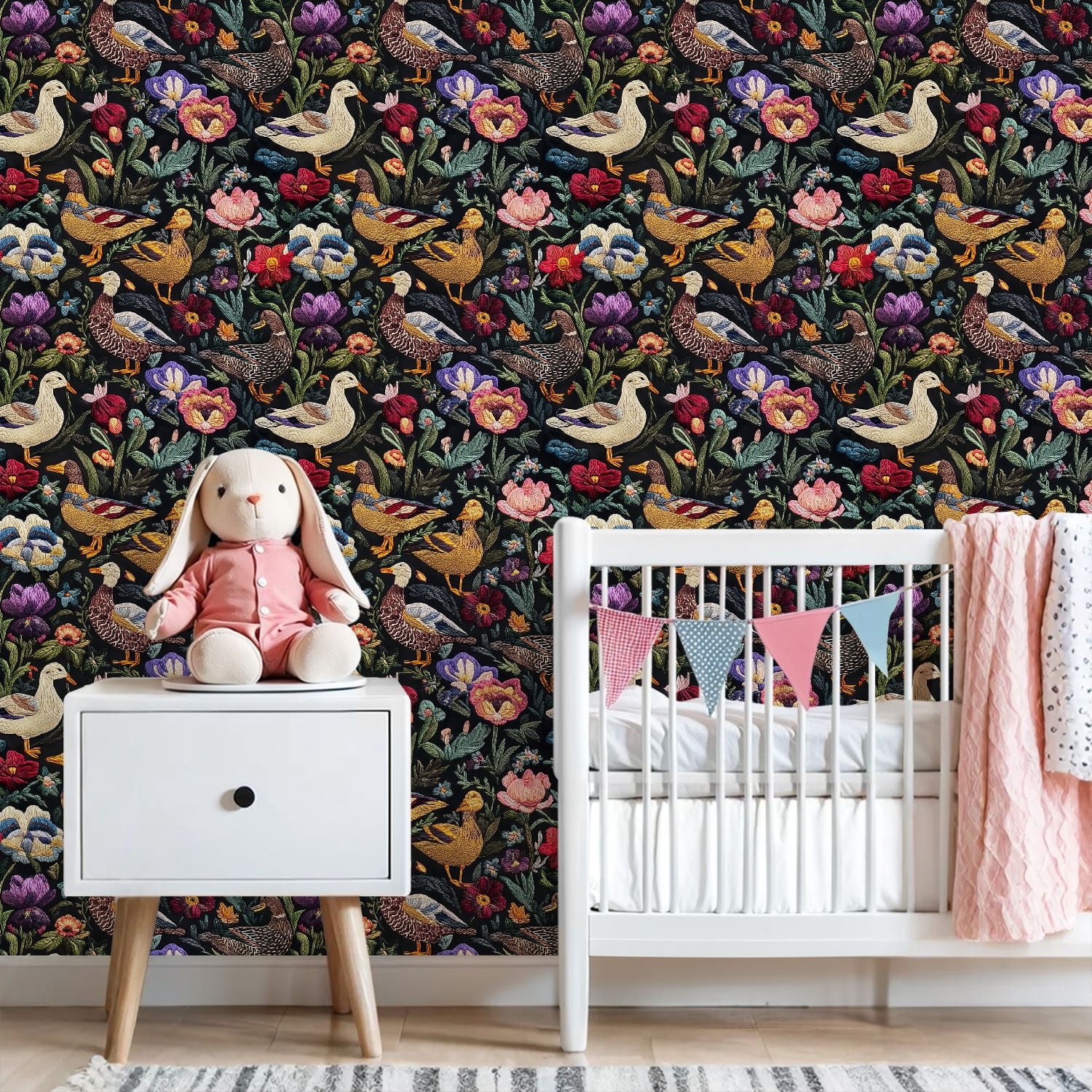 Peel and Stick Wallpaper Colorful Floral Embroidery Ducks Birds Black Wall Mural 23.6in x 9.8ft Self Adhesive Removable Wall Paper Renter Friendly Wallpaper for Nursery Bedroom Cabinets
