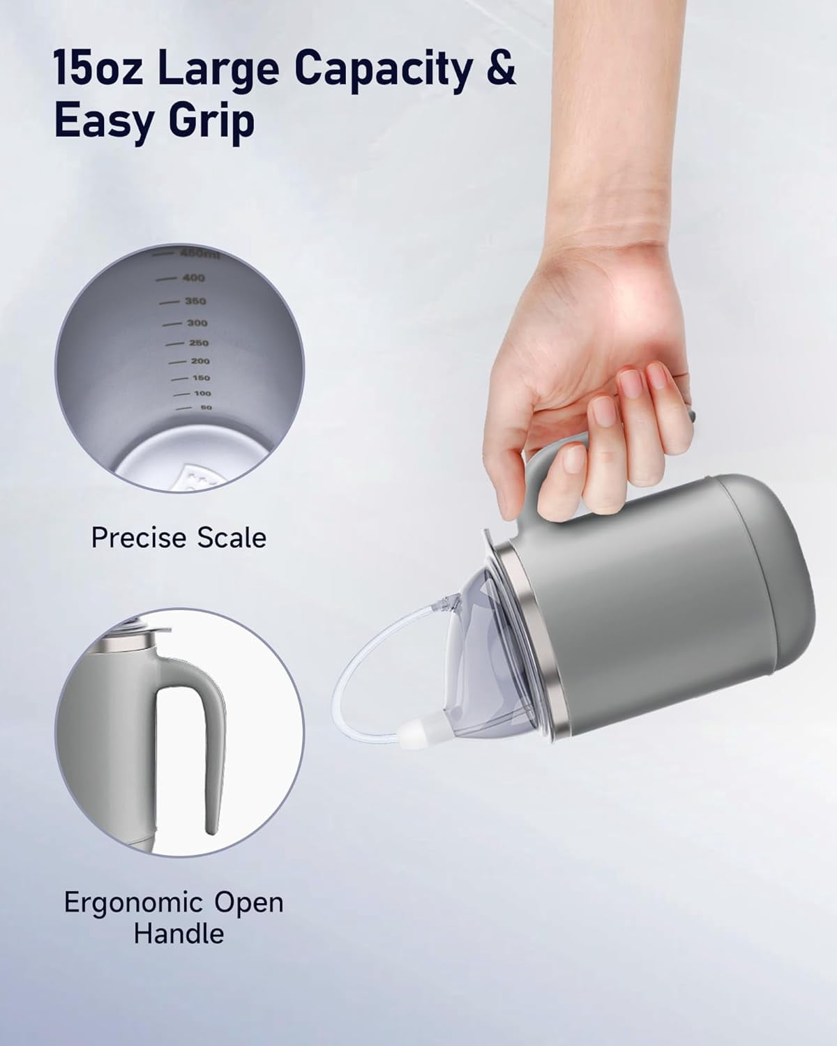 ABCISI Multifunctional Adult Sippy Cup for Elderly Spill Proof - Easy to Grasp Handles, Precise Liquid Control- 15oz Stainless Steel Sippy Cup with Straw, No Spill Cups for Elderly, Seniors (Grey)