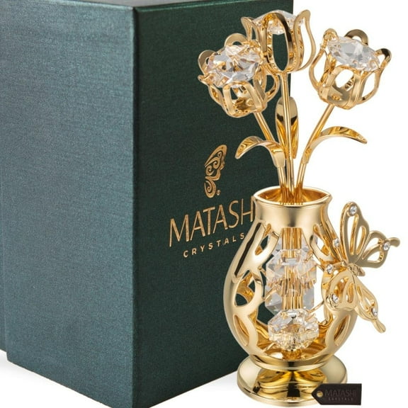 Matashi Crystal Mothers Day Gift 24K Gold Plated Beautifully Crafted Tulips with Butterfly In A Vase Table Top Ornament
