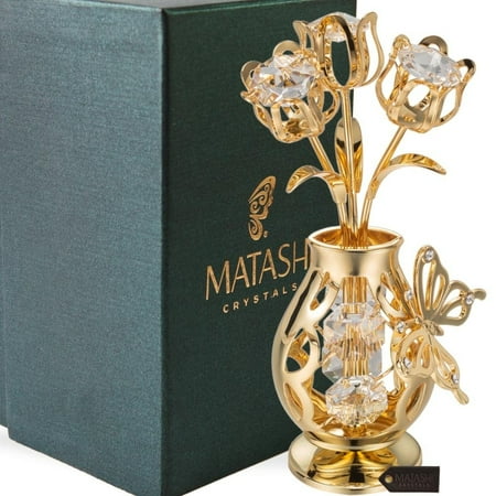 Matashi Crystal Mothers Day Gift 24K Gold Plated Beautifully Crafted Tulips with Butterfly In A Vase Table Top Ornament