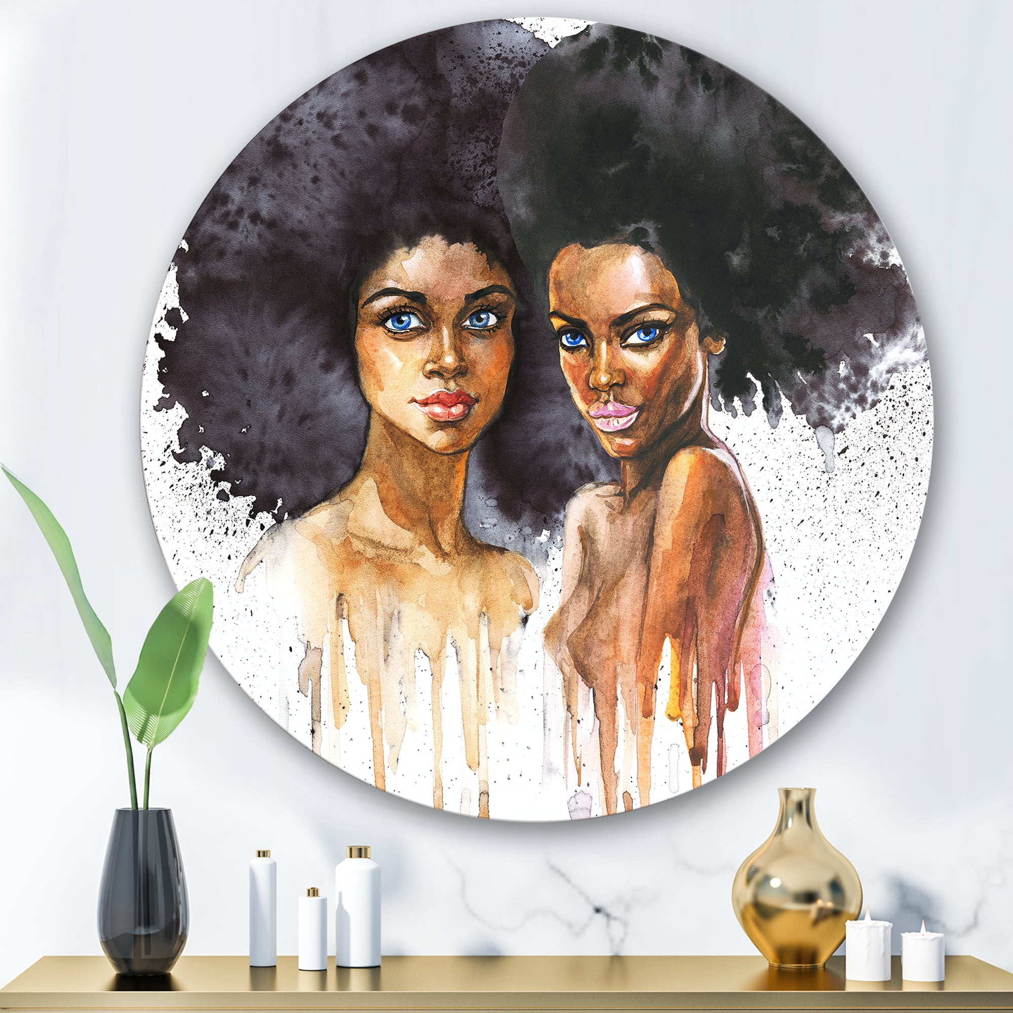 Designart 'Portrait of Two African American Women' Modern Circle Metal Wall Art 29x29 - Disc of 29
