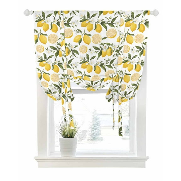 Summer Lemon Tie Up Curtains for Window, Thermal Insulted Balloon Shade Adjustable Rod Pocket Curtains Valance Panels for Kitchen Bathroom Cafe 52 x 45 Modern Green Botanical Leave