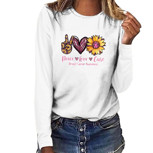 cllios DEACE LOVE CUSE T-Shirts de Sensibilisation au Cancer du Sein pour Femmes Pink Ribbon T-Shirts Graphiques Chic Décontracté Manches Longues Col Rond T-Shirts Cadeaux Inspirants pour Survivantes