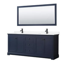 0.75 x 80 x 22 in. Avery Double Bathroom Vanity with White Cultured Marble Countertop, Undermount Square Sink Matte Black Trim & 70 in. Mirror, Dark Blue