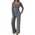 thumbnail image 2 of Women'S 2 Piece Matching Lounge Sets Fall Fashion Outfits Henley Neck Sweater Top Wide Leg Pants Sweat Suits Dark Gray M, 2 of 9
