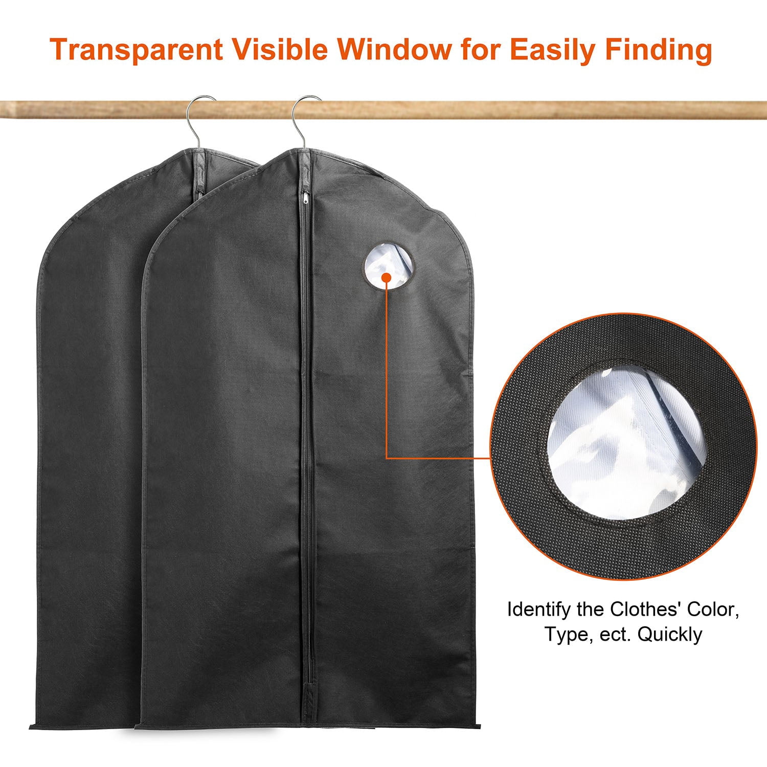 iNova 5pcs 39" Garment Bags Hanging Suit Bags Covers Breathable with Full Zipper Transparent Window for Suit Dress Coat Storage Travel Use