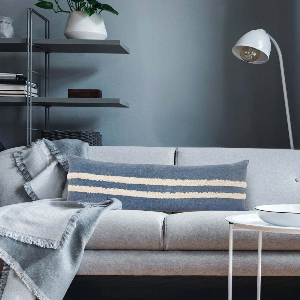 Ox Bay Sariyah Dusty Blue/White Shag Striped Over-tufted Cotton Adult Decorative Lumbar Pillow Cover