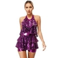 thumbnail image 4 of YEAHDOR Womens Latin Jazz Dancewear Halter Sparkle Sequins Modern Dance Competition Performance Jumpsuit Purple One Size, 4 of 7