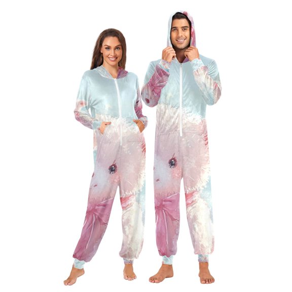 Pink Bears Hearts Adult Onesie Pajamas Slim Fit Christmas One Piece Suit Pjs for Women and Men Hooded Zipper