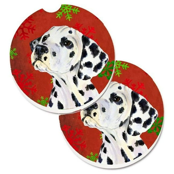 Dalmatian Red & Green Snowflakes Holiday Christmas Set of 2 Cup Holder Car Coaster