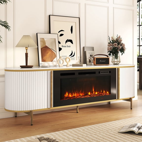 LazySunsets 70" Modern Fireplace TV Stand with 36 Inch Electric Fireplace, Fluted Sliding Doors, Marble‑Look Tabletop, Media Console for Living Room, Fits TVs up to 80 Inch, White