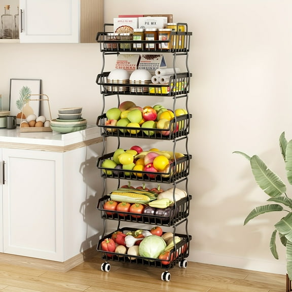 Kitchen Fruit and Vegetable Storage Basket, 6 Layers, Stackable and Movable Fruit and Vegetable Basket with Wheels, Metal Wire Storage Basket for Kitchen and Pantry Organization