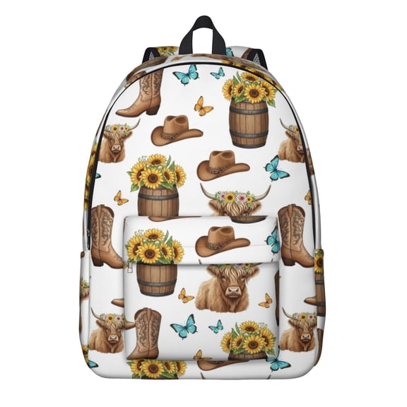 Highland Cow and Butterfly Print Backpack for School, Cute School Bag with Adjustable Shoulder Straps and Padded Back, 15.7"x11.8"x5.5"