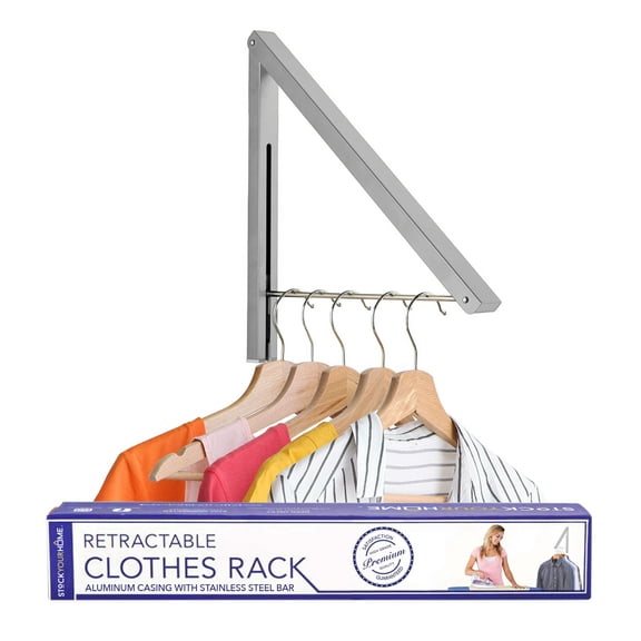 Stock Your Home Folding Clothes Hanger Wall Mounted Retractable Clothes Hanger & Drying Rack Great Space Saver for Laundry Room, Attic, Garage, Indoor & Outdoor Use, Aluminum, Easy Installation