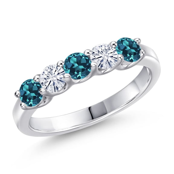 Gem Stone King 925 Sterling Silver London Blue Topaz and White Moissanite Wedding-Bands Ring for Women | 0.98 Cttw | Round 3.5MM | Gemstone November Birthstone | Size 5