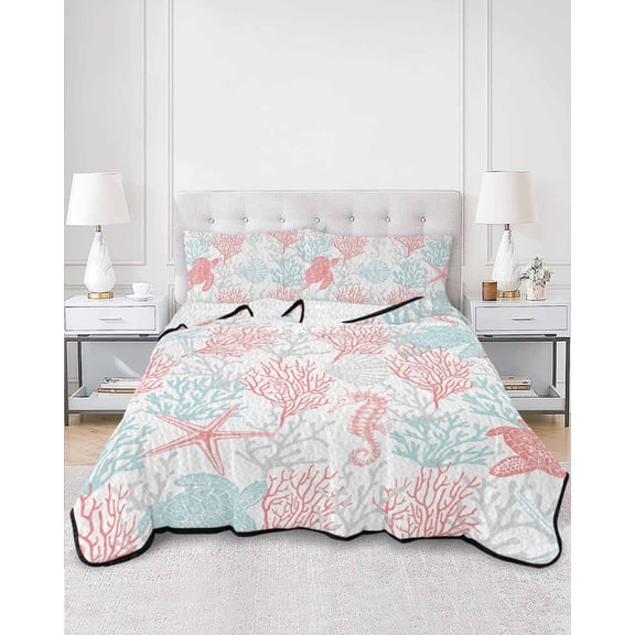 Quilts King Size, Red Aqua Coastal Soft Comforter Bedding Set for Bed, Sea Turtle Nautical Coral Summer Beach Lightweight Quilted Bedspread with Pillow Cover(2 Pieces) for All Season, 96x106 Inch