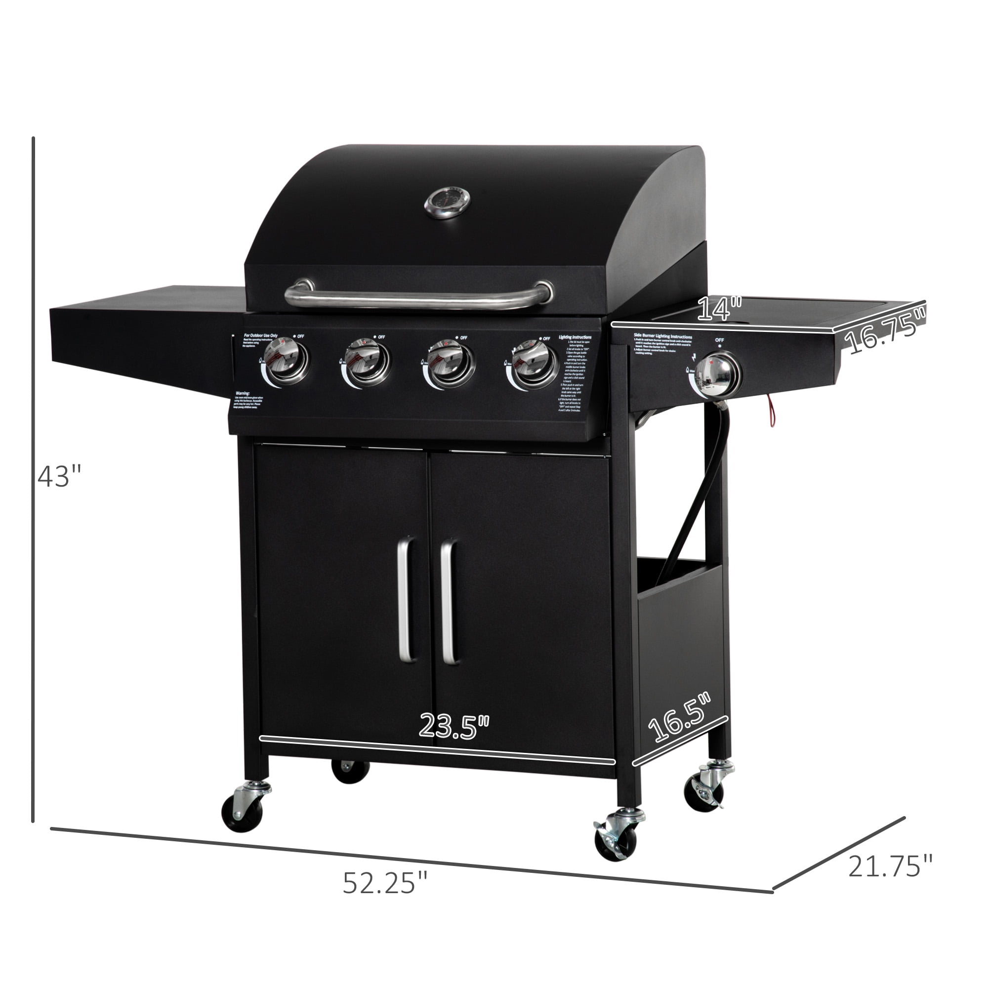 Outsunny 4 Burner Propane Gas Grill with Side Burner, 50,000 BTU Steel Outdoor Barbecue, Wheels, Warming Rack, Shelf, Cabinet, Thermometer, Black