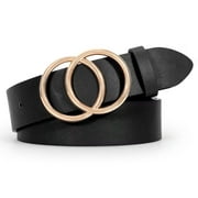 Whippy Women Leather Belt with Double Ring Buckle, Black Waist Belt for Jeans Dress