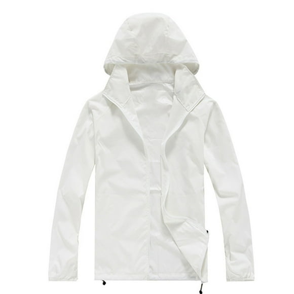 HANXIULIN Women Solid Rain Jacket Outdoor Plus Size Hooded Windproof Loose Coat Water Proof Raglan Storage Bag White XL