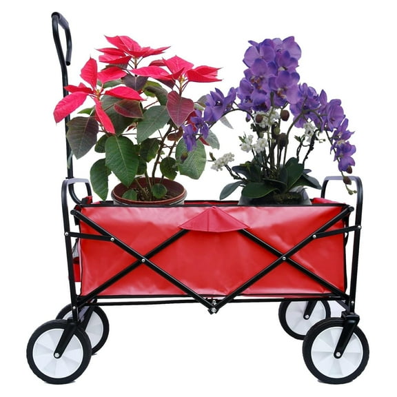 Canvas Wagon with Wheels Foldable, Collapsible Folding Wagon Utility Cart Foldable Heavy Duty All Wagon for Outdoor, Camping, Beach, Garden, Grocery (Red)